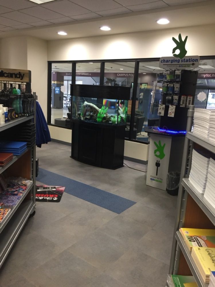 Aquarium on display in a campus bookstore