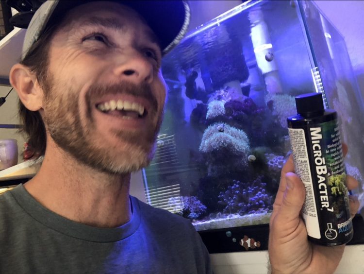 Ben Wehr smiling beside a reef aquarium during a maintenance visit